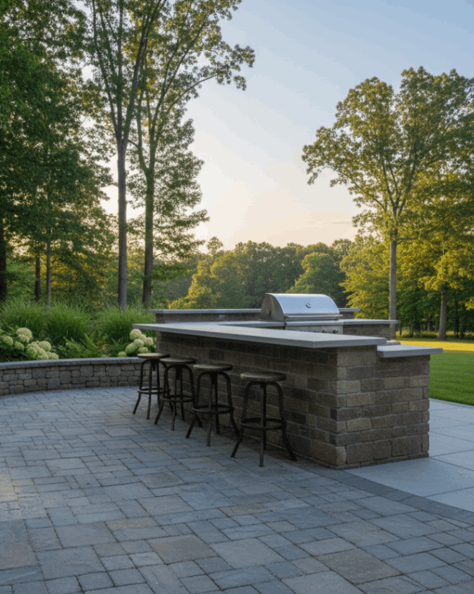 Custom outdoor kitchens in Connecticut integrated with patio pavers, retaining walls, and landscaped backyard design