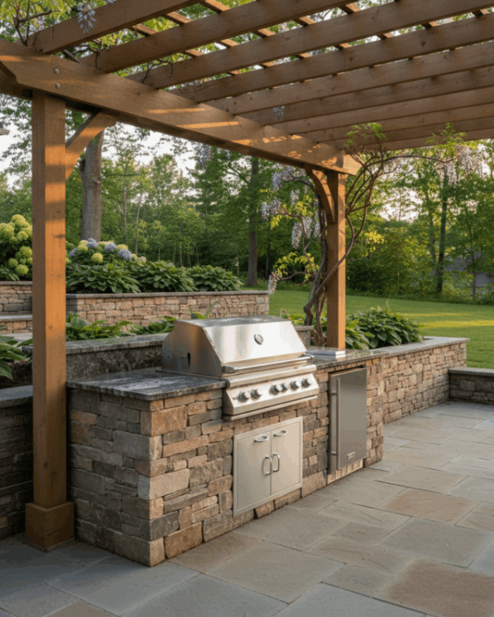 Custom outdoor kitchens in Connecticut featuring stone masonry, built-in grill, granite countertops, and integrated patio design