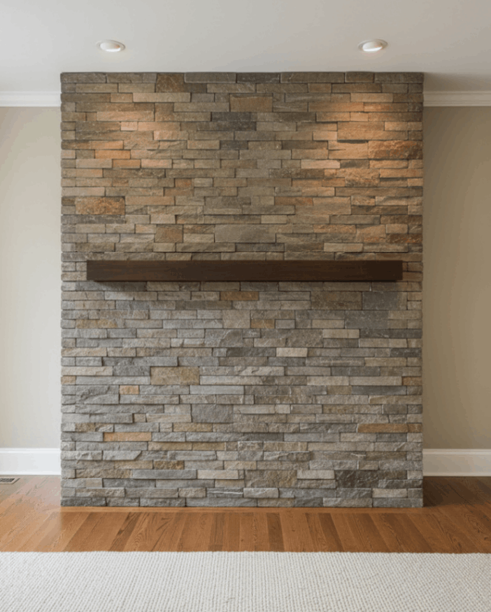 Expert thinstone installation in Connecticut on interior fireplace wall with natural veneer stone