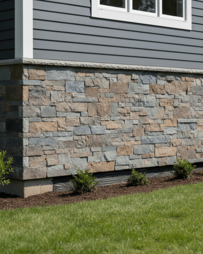 Expert thinstone installation in Connecticut applied to residential exterior facade with natural stone veneer