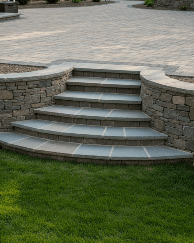 Natural stone steps in Connecticut integrated with retaining wall and paver patio installation