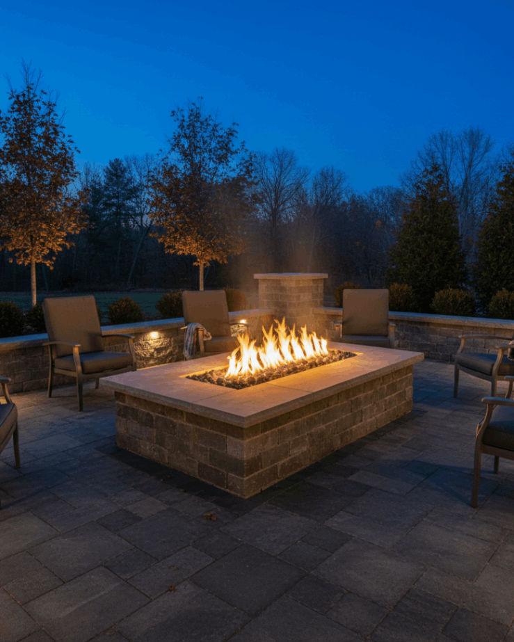 Outdoor fire features in Connecticut during cool evening with visible smoke and stone patio installation