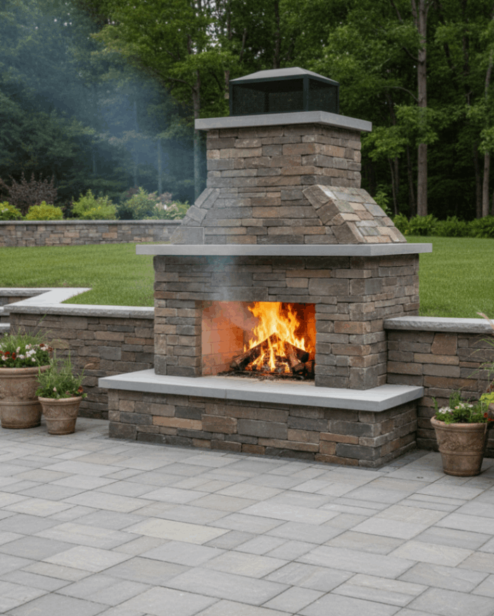 Outdoor fire features in Connecticut featuring built-in masonry fireplace with stacked stone veneer