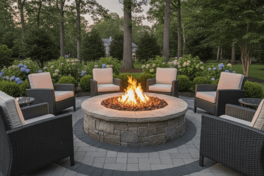 Outdoor fire features Connecticut stone fire pit
